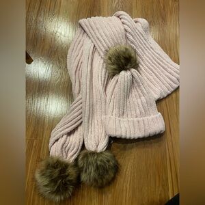 NWOT Pink Knit HAT and Scarf with Faux Fur Pom Poms